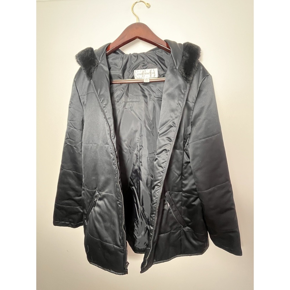 Jones New York Women's Black Hooded‎ Puffer Jacket Faux Fur Trim Size M